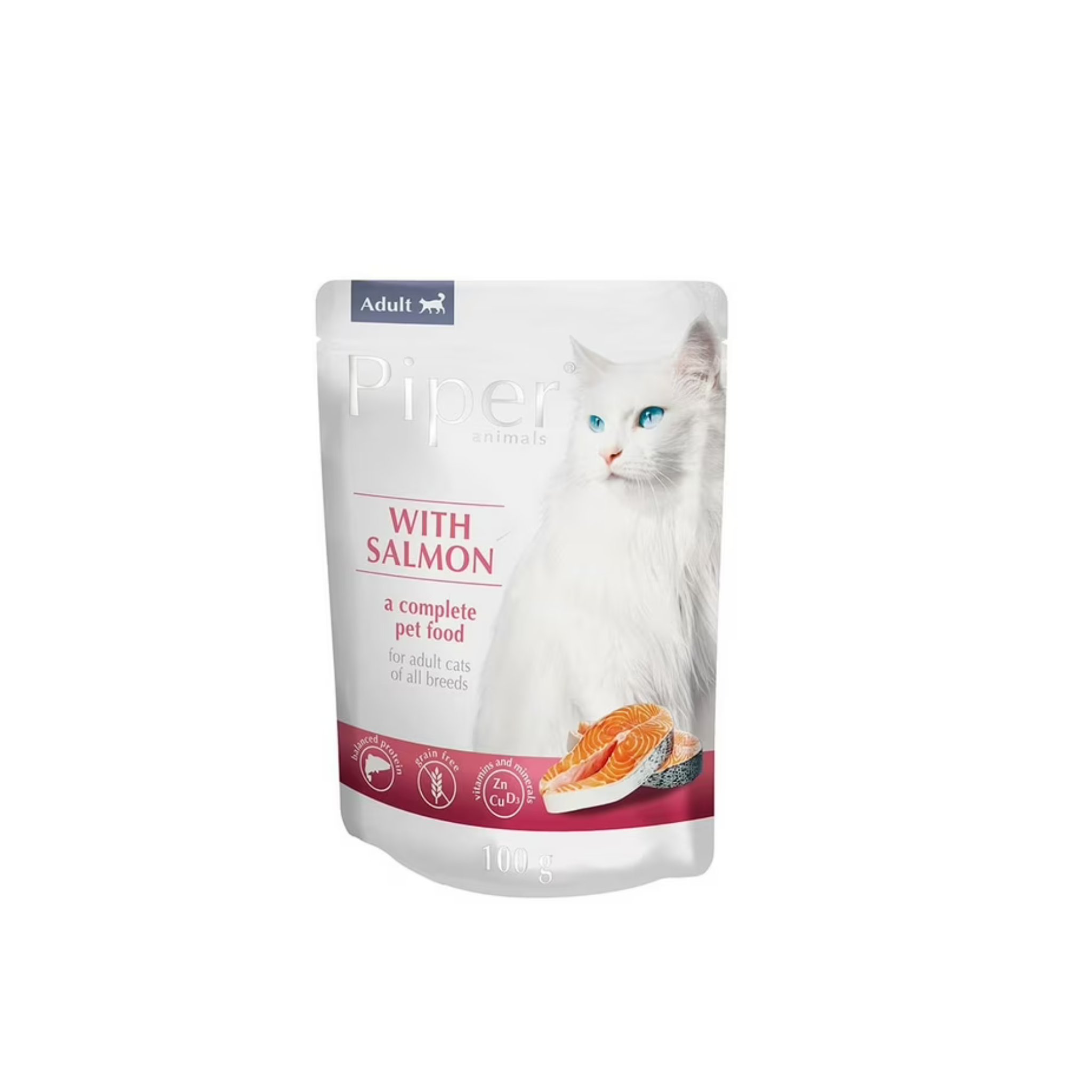 Alimento húmedo sachet para gatos adultos todas las razas Piper Animals salmón 100 GR fondo blanco