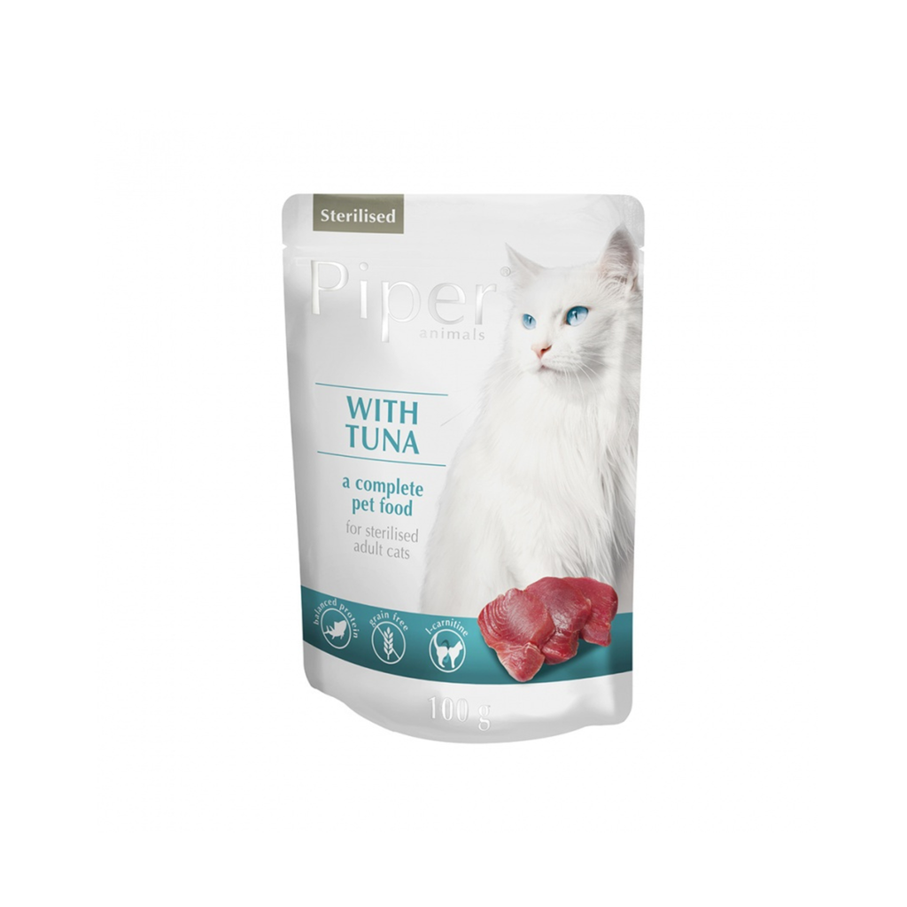Alimento húmedo sachet para gatos adultos todas las razas Piper Animals atún 100 GR fondo blanco