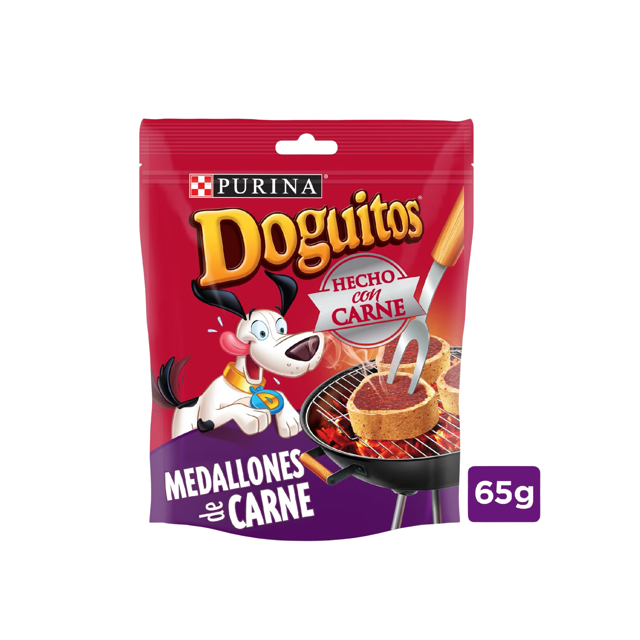 Snack premio medallones de carne para perros todas las razas Doguitos Purina 65 GR fondo blanco