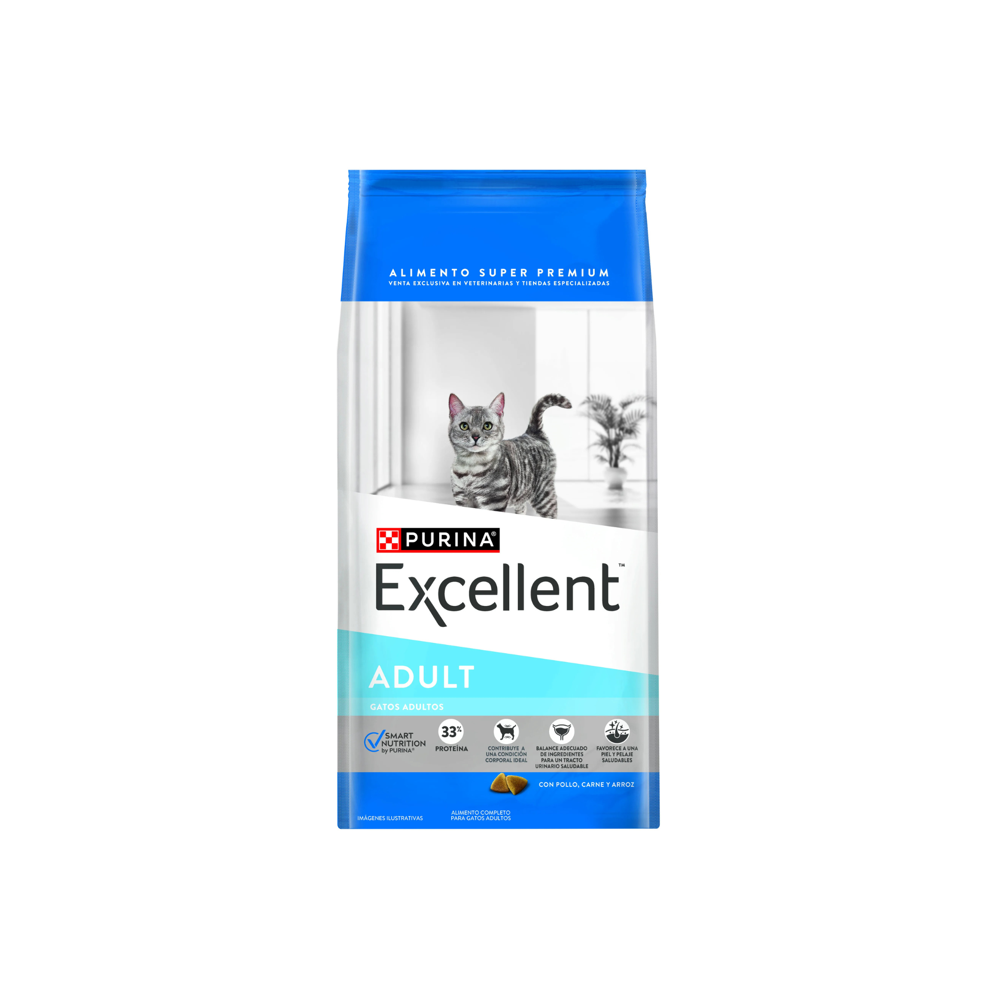 Alimento seco para gatos adultos todas las razas Purina Excellent Adult pollo carne y arroz 7.5 KG fondo blanco