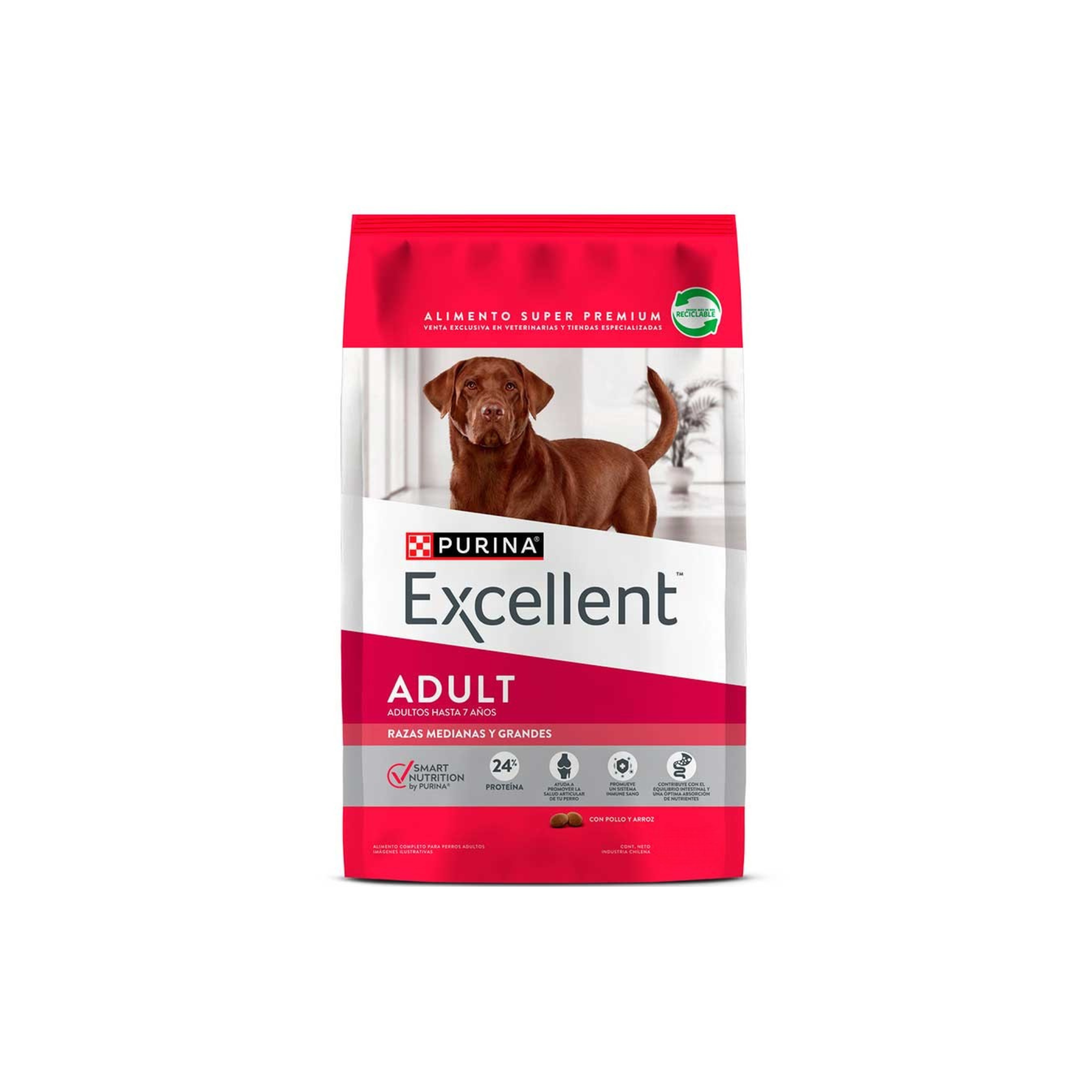 Alimento seco para perros adultos razas medianas y grandes Purina Excellent pollo y arroz 12 KG fondo blanco