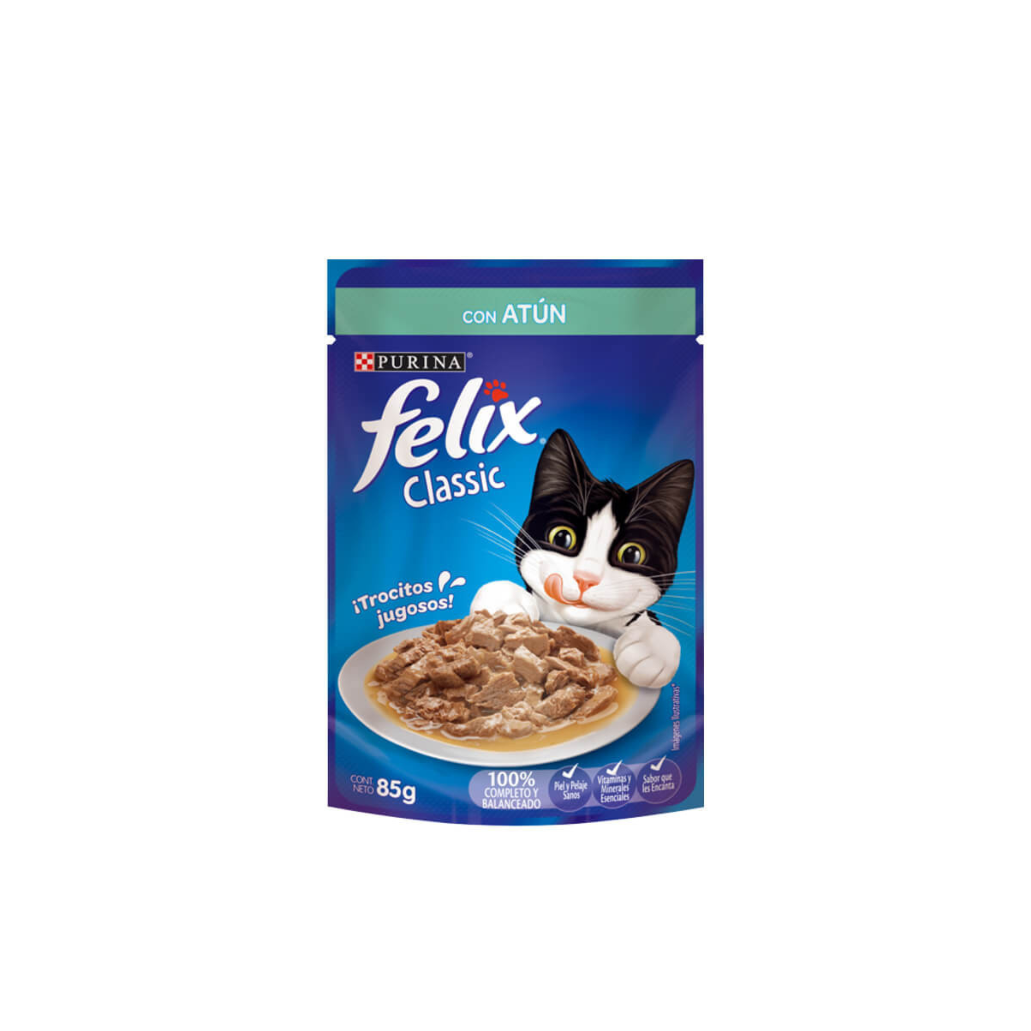Alimento húmedo sachet para gatos adultos Felix Classic sabor atún 85 GR fondo blanco