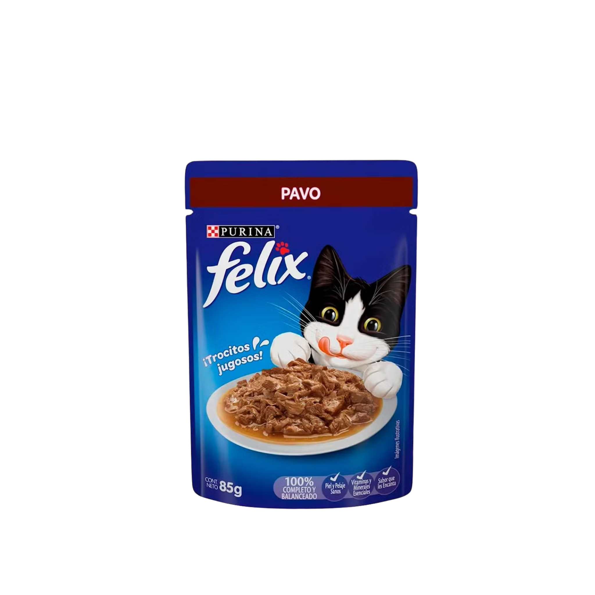 Alimento húmedo sachet para gatos adultos Felix Classic sabor pavo 85 GR fondo blanco