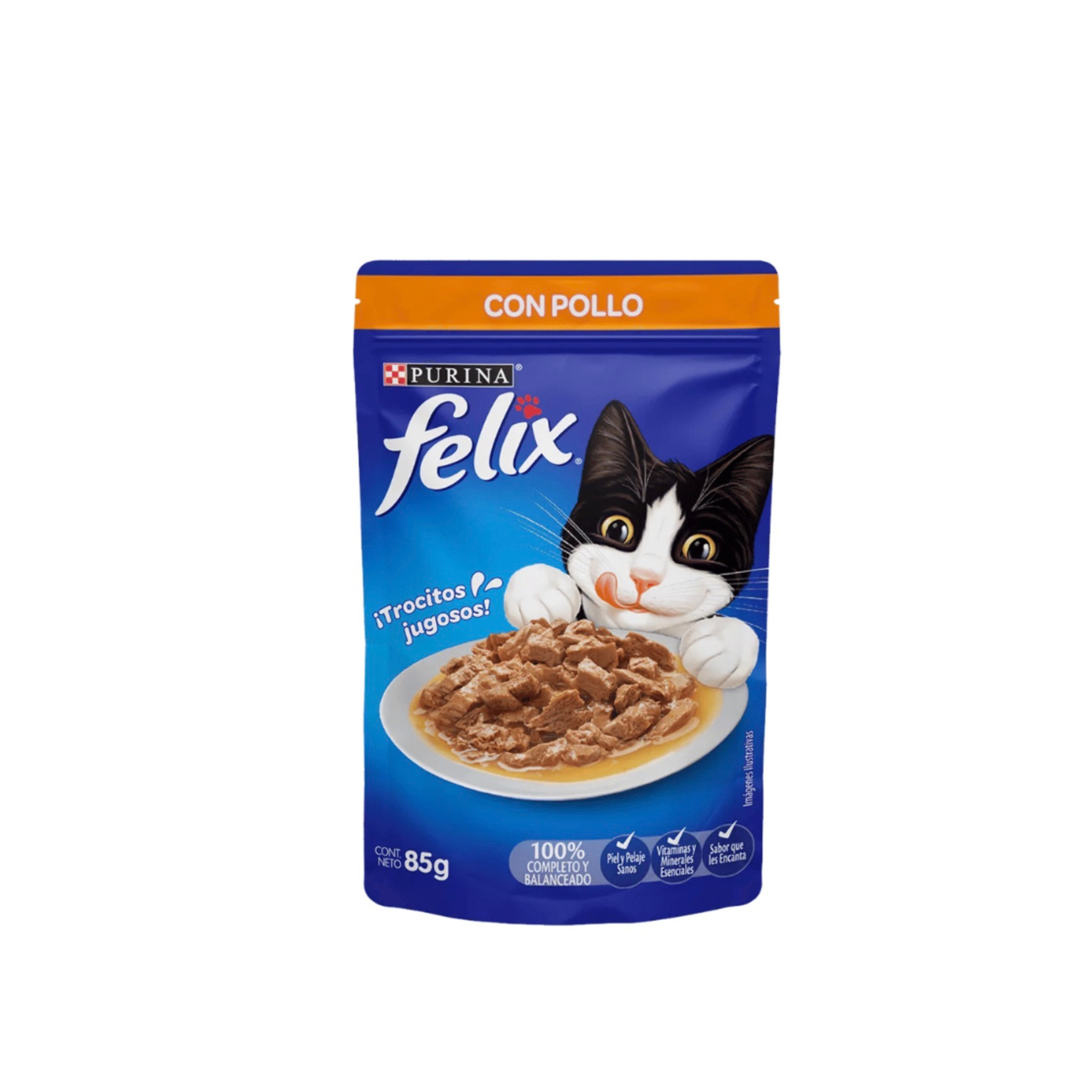 Alimento húmedo sachet para gatos adultos Felix Classic sabor pollo 85 GR fondo blanco