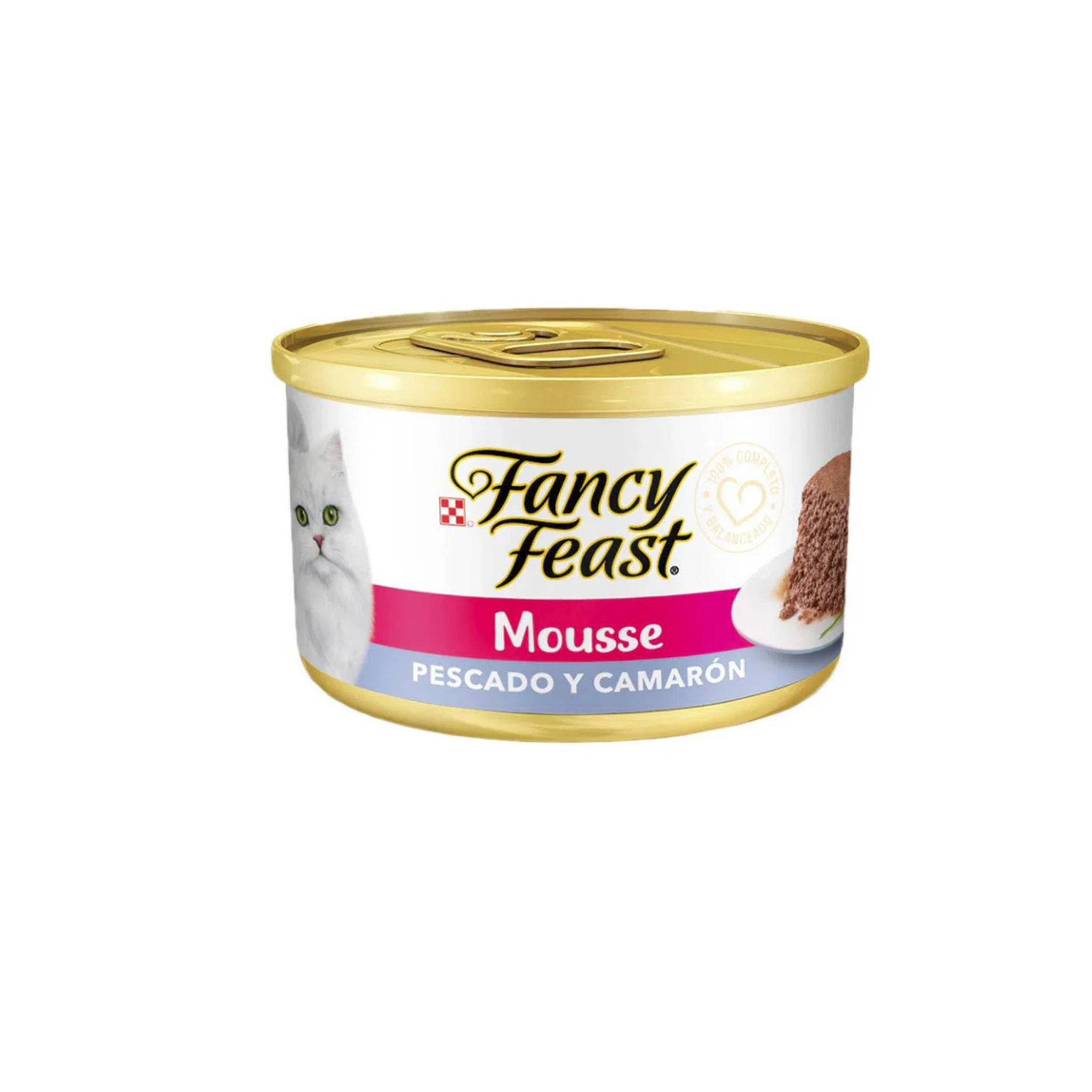 Alimento húmedo lata mousse para gatos adultos Fancy Feast sabor pescado y camarón 85 GR fondo blanco