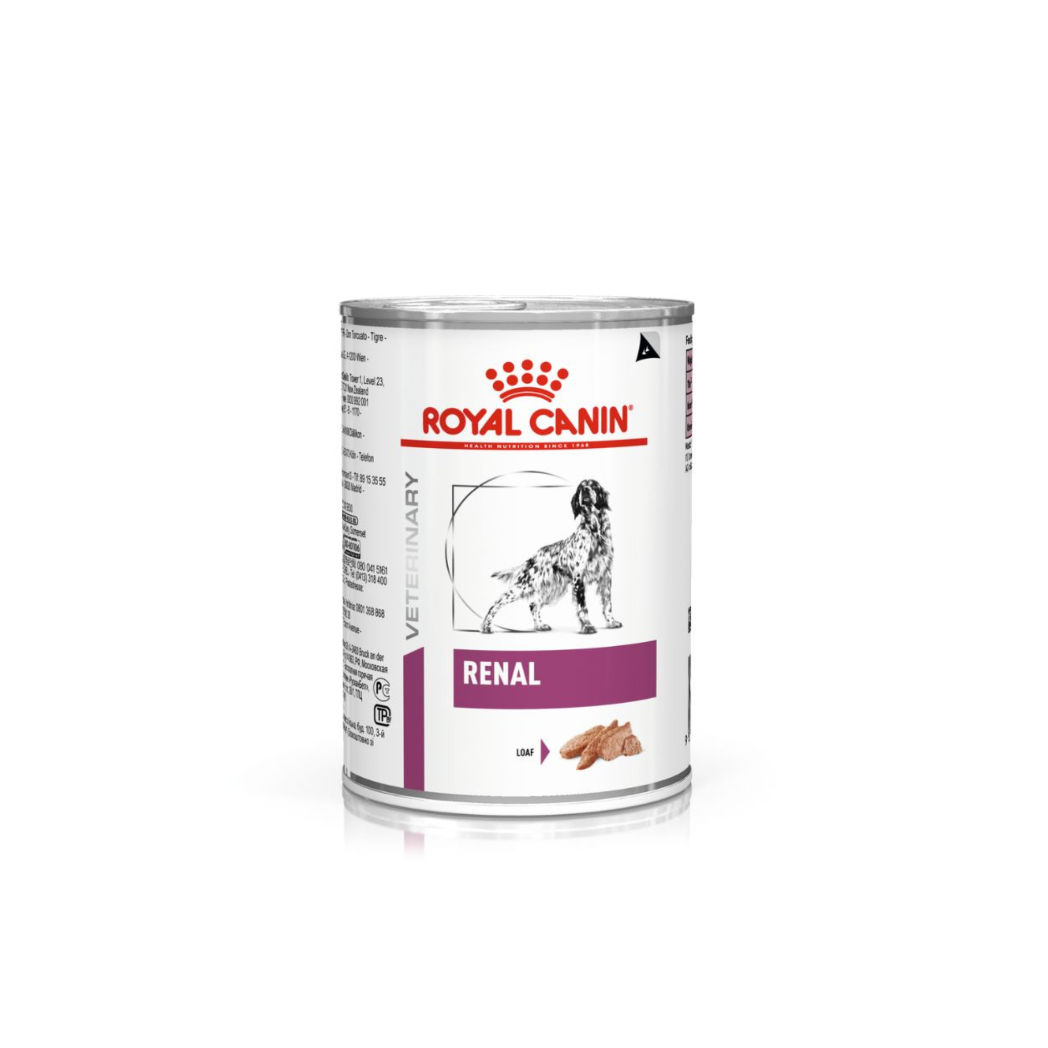 Alimento húmedo veterinario para perros con insuficiencia renal Royal Canin Renal Support T lata 385 GR fondo blanco