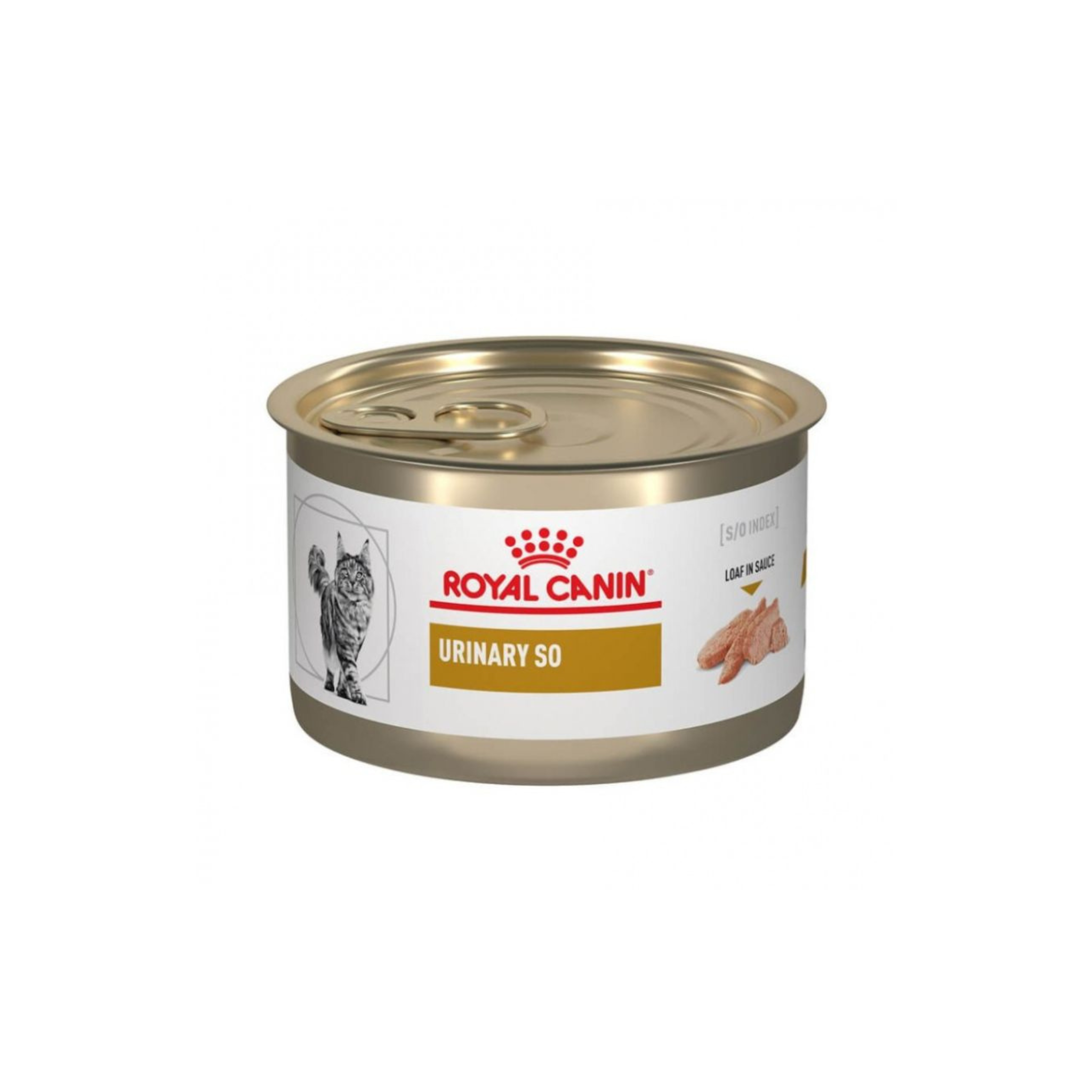 Alimento húmedo veterinario para gatos con cálculos urinarios Royal Canin Urinary S/O lata 145 GR fondo blanco