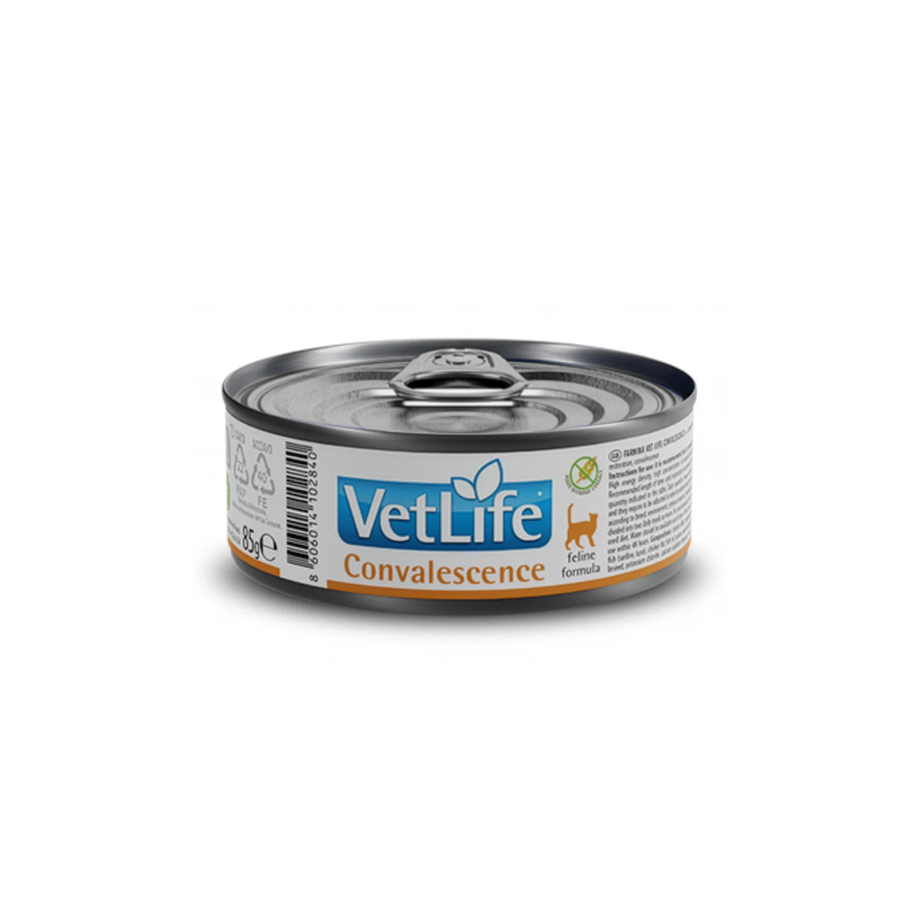 Alimento húmedo dietético para gatos en convalecencia y recuperación VetLife lata 85 GR fondo blanco