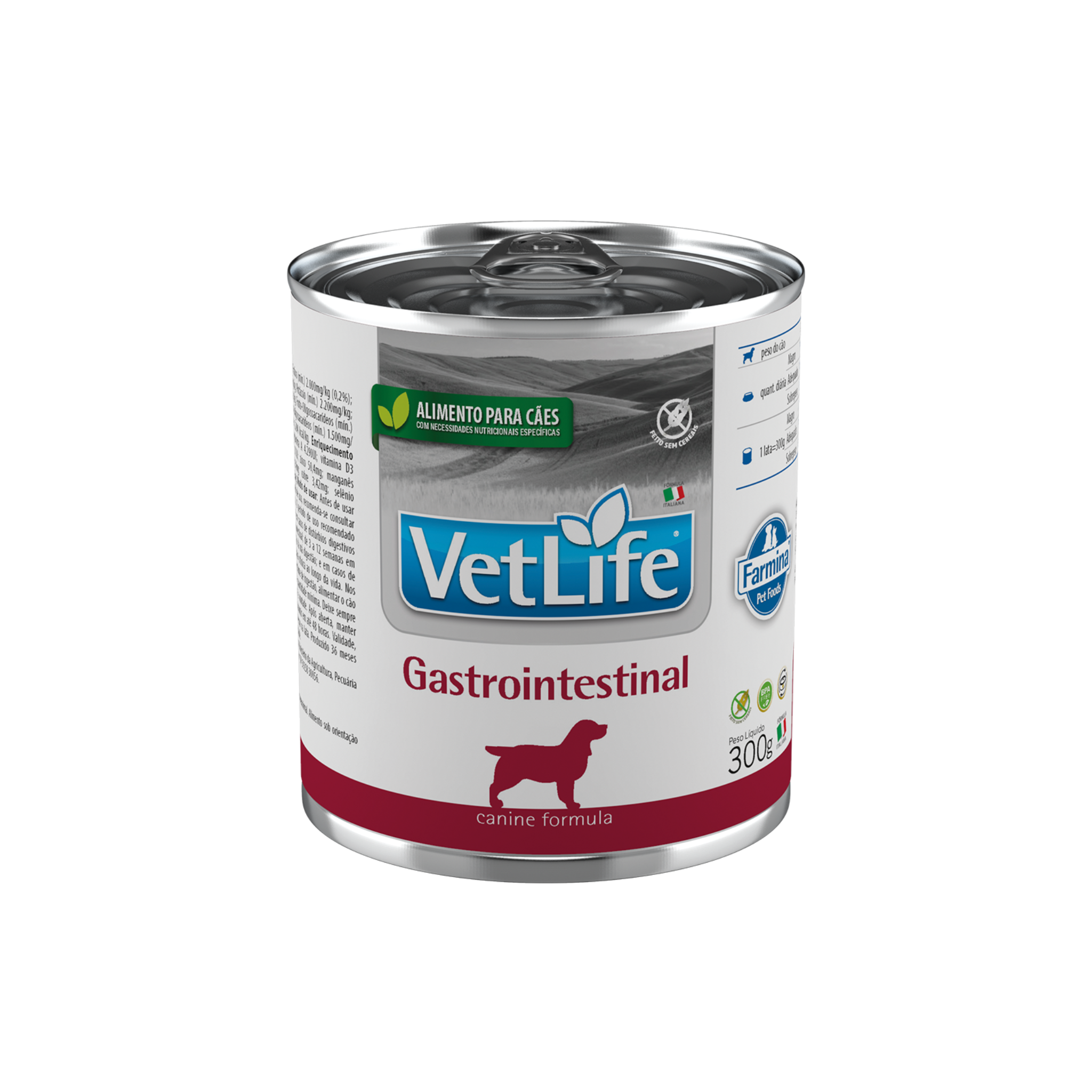 Alimento húmedo dietético para perros con problemas digestivos VetLife Gastrointestinal lata 300 GR fondo blanco