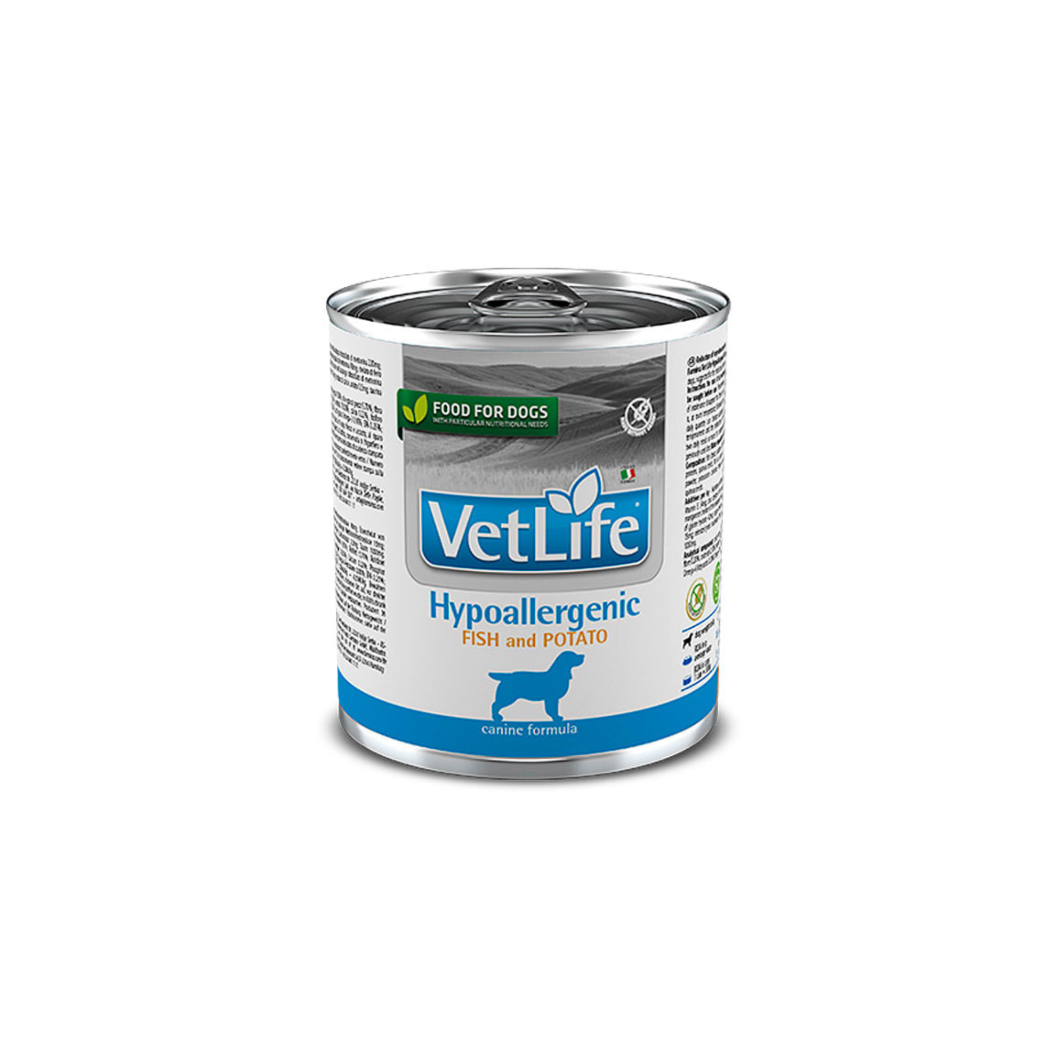 Alimento húmedo hipoalergénico para perros con alergias VetLife pescado y patata lata 300 GR fondo blanco