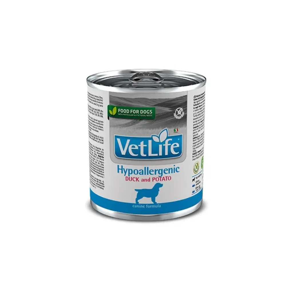 Alimento húmedo hipoalergénico para perros con alergias VetLife pato y patata lata 300 GR fondo blanco