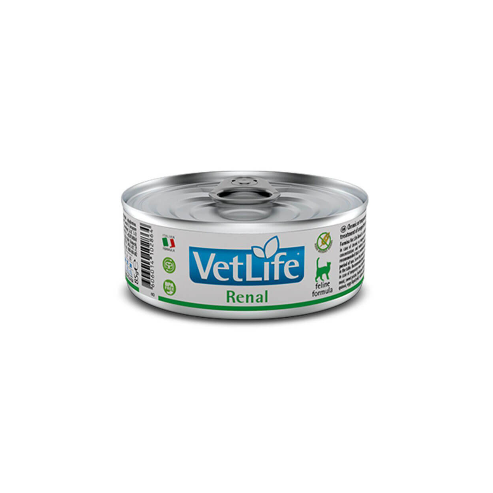 Alimento húmedo dietético para gatos con insuficiencia renal VetLife Renal Felino lata 85 GR fondo blanco