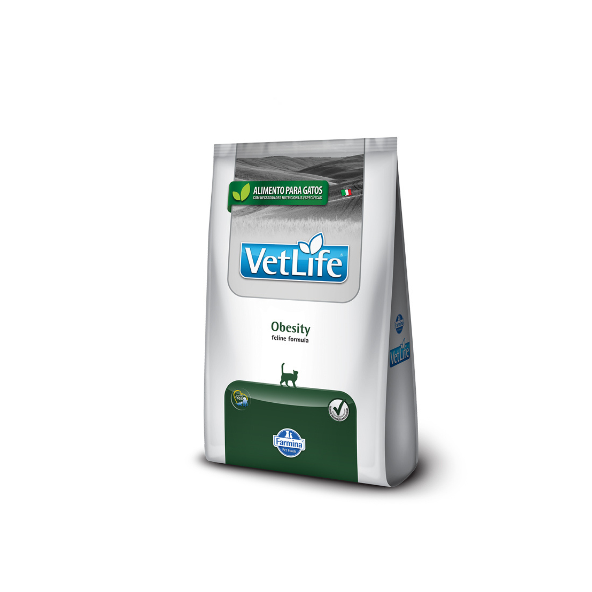 Alimento dietético para gatos adultos con sobrepeso VetLife Obesity Felino 2 KG fondo blanco