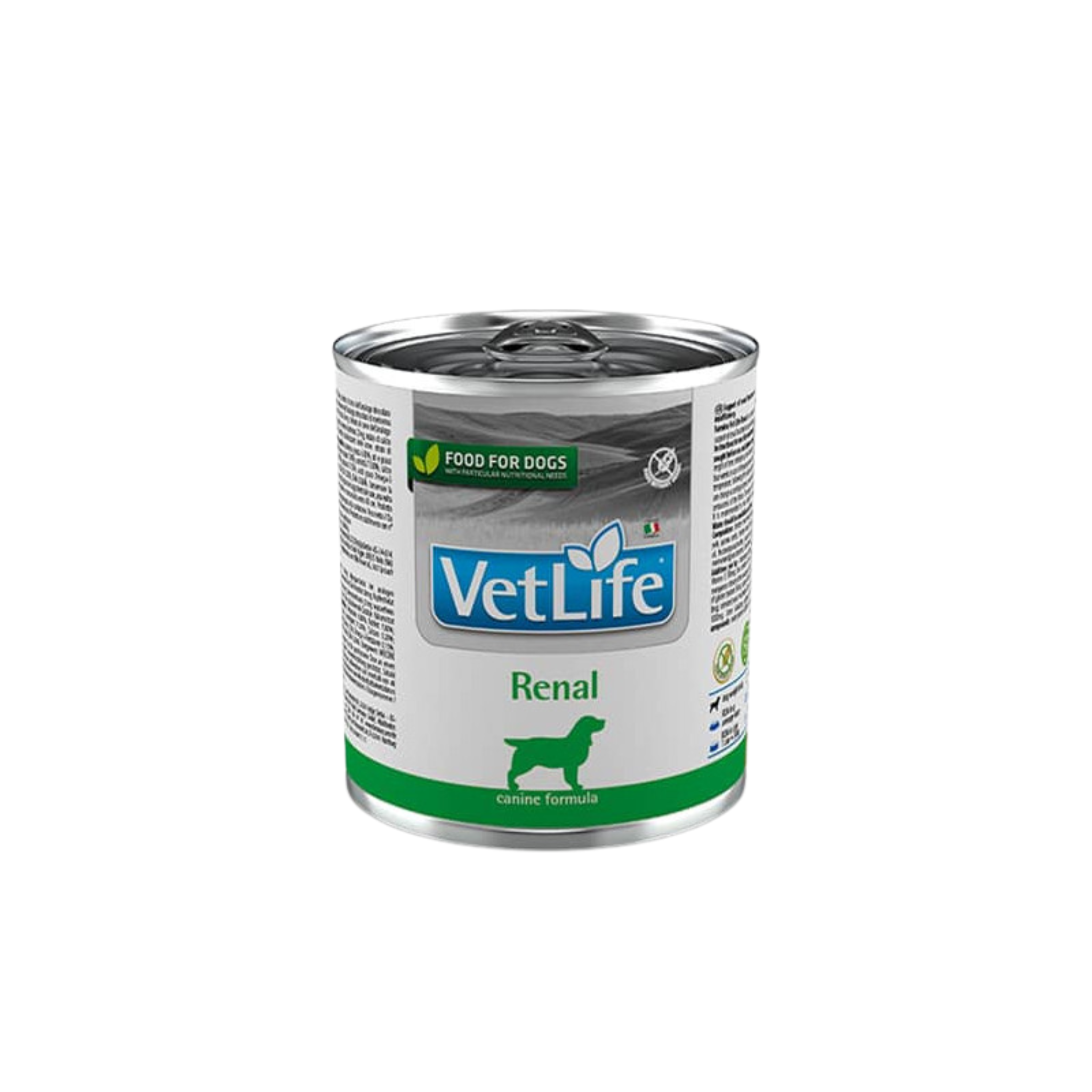 Alimento húmedo dietético para perros con insuficiencia renal VetLife Renal Canino lata 300 GR fondo blanco