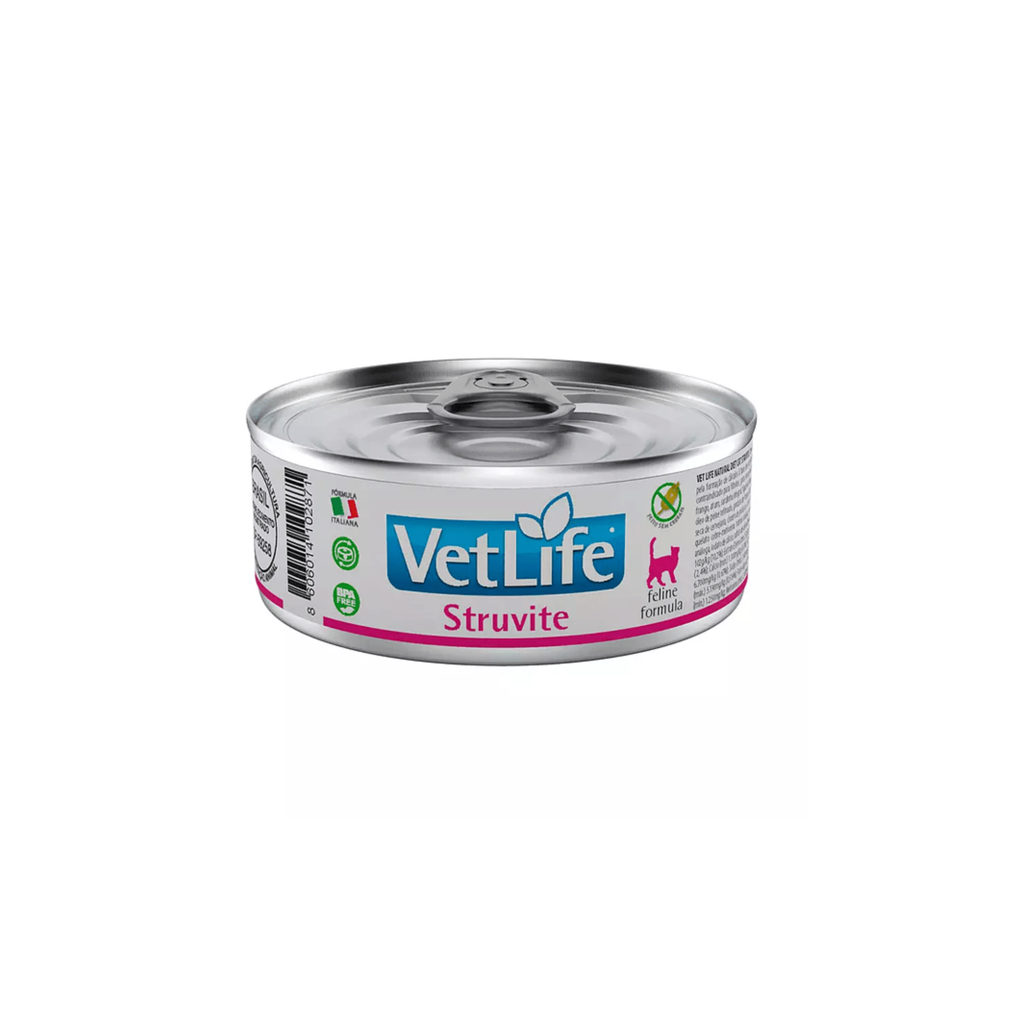 Alimento húmedo dietético para gatos con cálculos de estruvita VetLife Struvite lata 85 GR fondo blanco