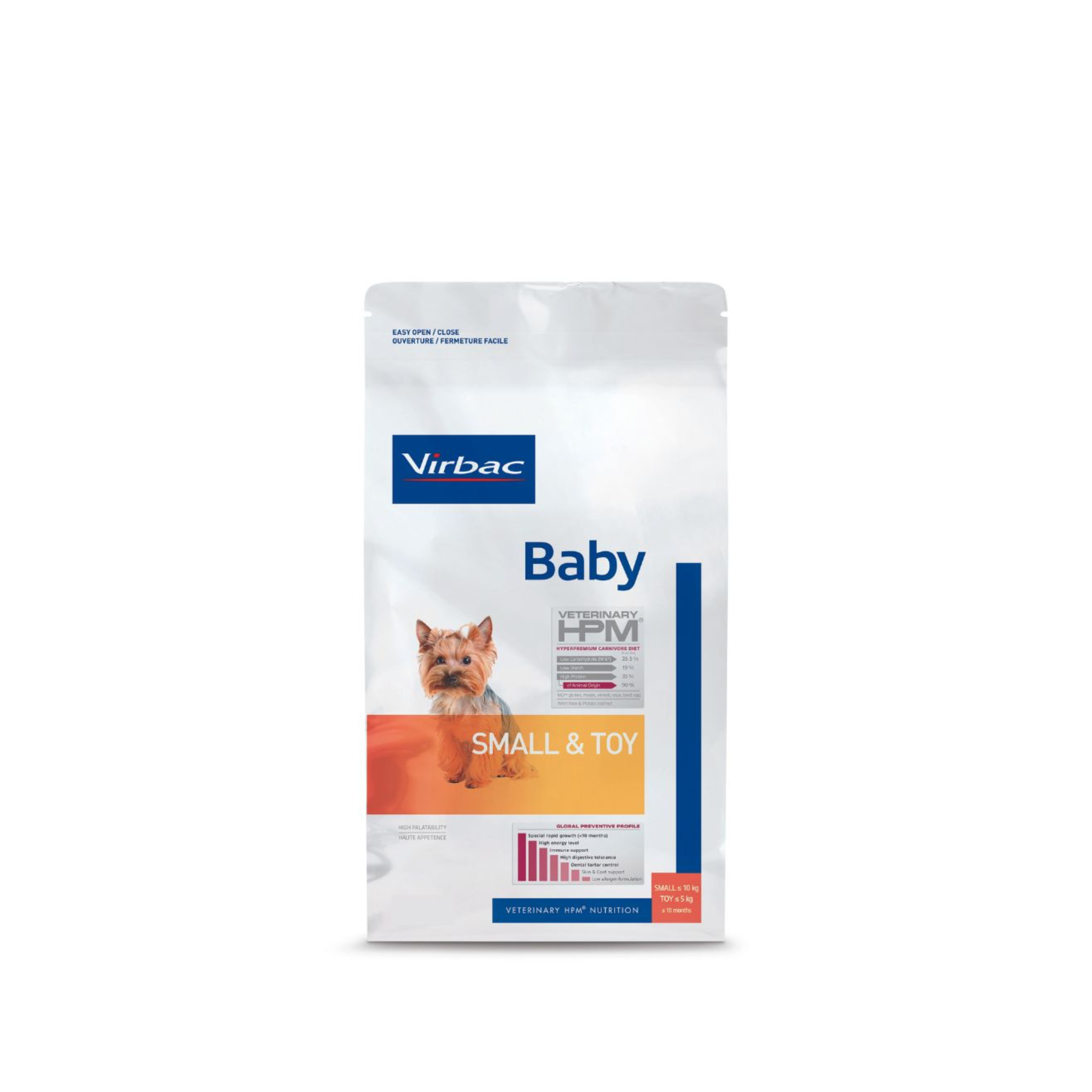 Alimento seco para cachorros razas pequeñas y miniatura Virbac Veterinary HPM Baby Dog Small Toy 3 KG fondo blanco