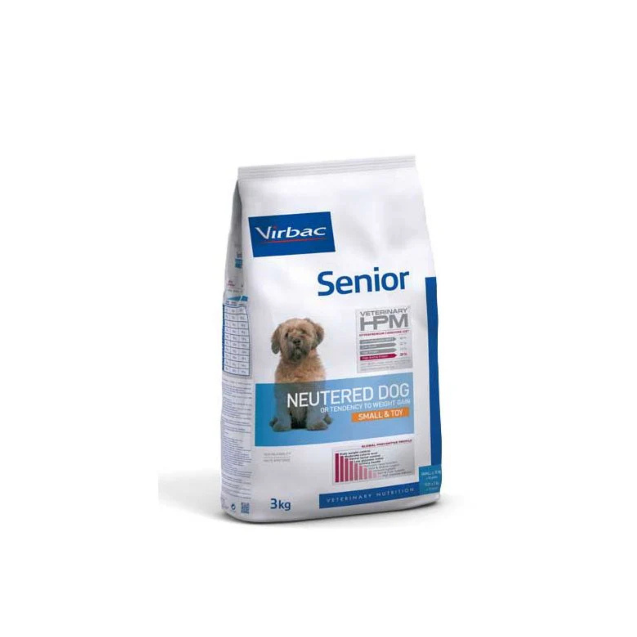 Alimento seco para perros senior esterilizados razas pequeñas y miniatura Virbac Veterinary HPM Senior Neutered Small Toy 3 KG fondo blanco