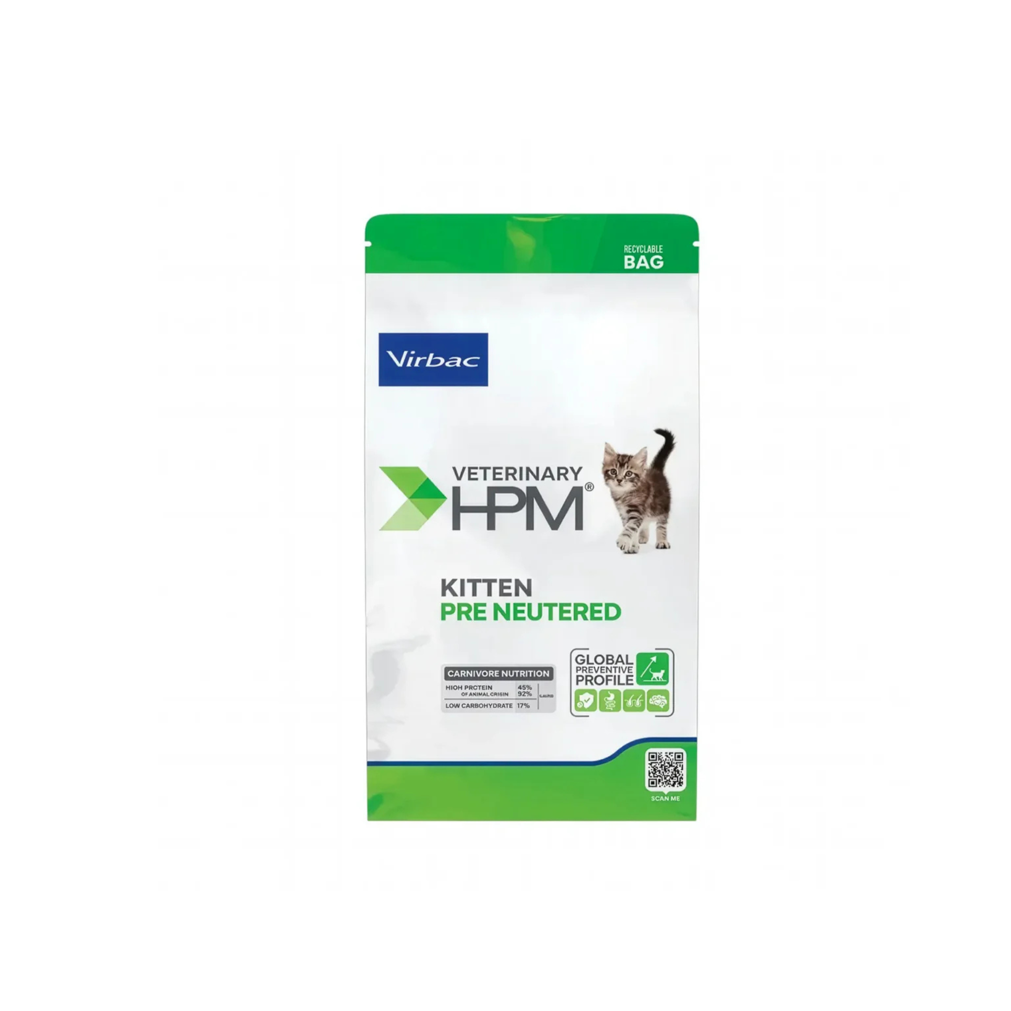 Alimento seco para gatitos esterilizados hasta 12 meses Virbac Veterinary HPM Junior Neutered Cat 1.5 KG fondo blanco
